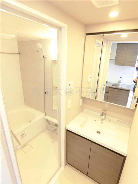 クレストコート池上の洗面所|洗面脱衣所　3面鏡の独立洗面台　洗濯機置き場