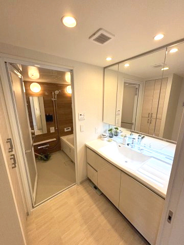 ウィザースレジデンス盛岡サザンテラスの独立洗面台|三面鏡で使いやすい洗面台です。裏に化粧品や小物を収納できます。