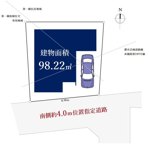 板橋区赤塚7丁目 限定1棟の区画図|土地面積94.9㎡、建物面積98.22㎡ 、南向き道路に面した整形地
北側は現在建物がなく開放的な立地です