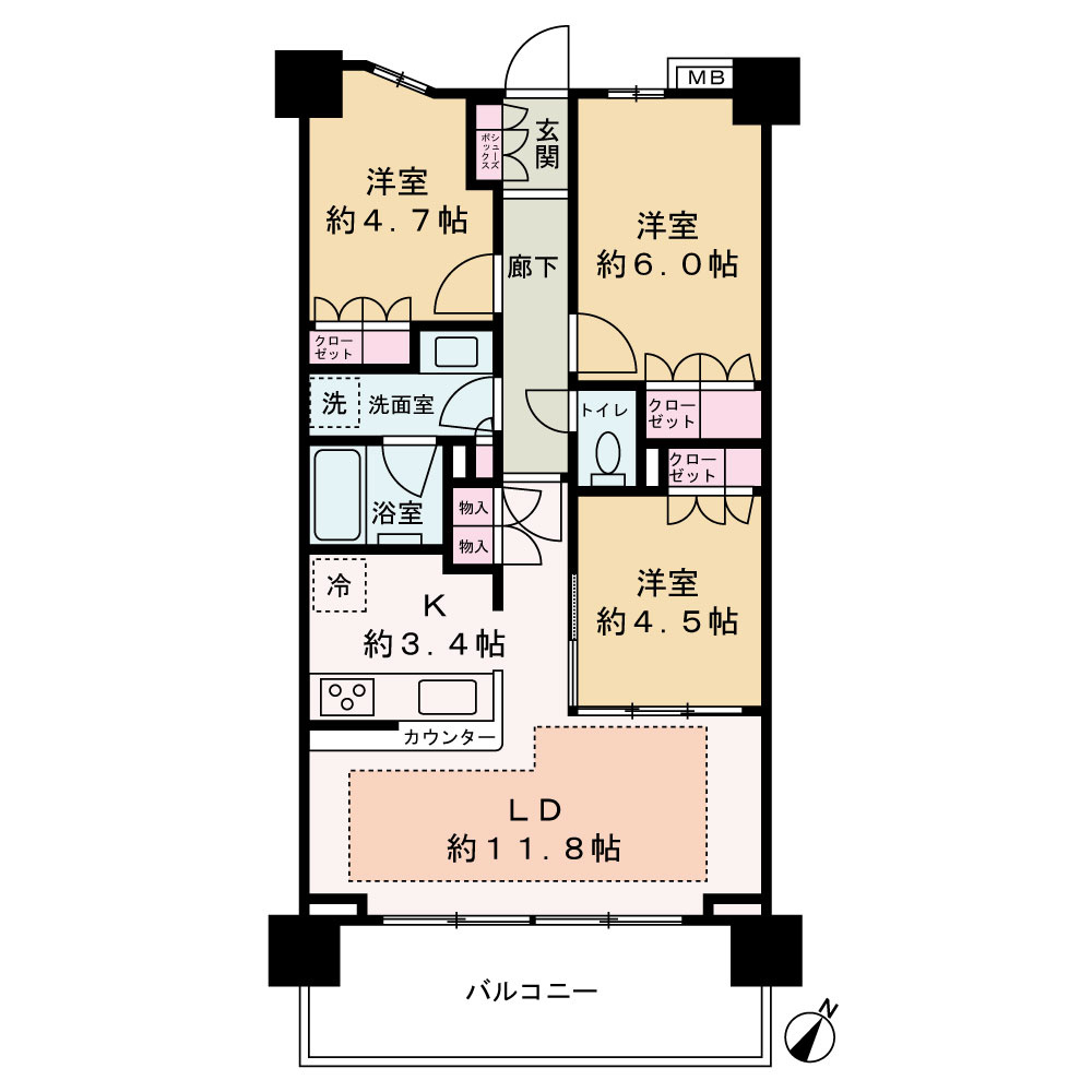 アンビシャス上尾の間取り|専有面積66.25㎡+バルコニー面積10.98㎡
南東向きで日当たりと眺望◎です。