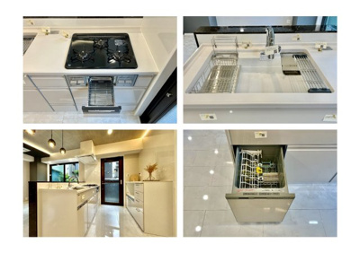 【キッチン】 | カーサ・ベルデ一之江 | 【システムキッチン】ワイドで収納豊富な使い勝手の良いカウンターキッチンには、食洗器や伸縮タイプのキッチン水栓、三ツ口コンロ・魚焼きグリルなどの便利な設備が標準完備されています。