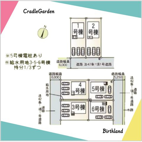 新築戸建・建売　いわき市平下平窪第6　Cradle Garden　全6棟の区画図|駐車スペース3台可能！