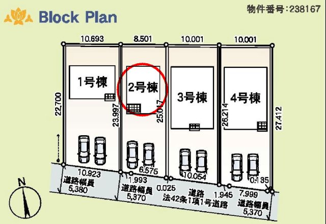 クレイドルガーデン前橋市粕川町女渕第２　２号棟の区画図|駐車場２台ご用意しています！
並列駐車なので、車の出し入れもしやすいですよ！