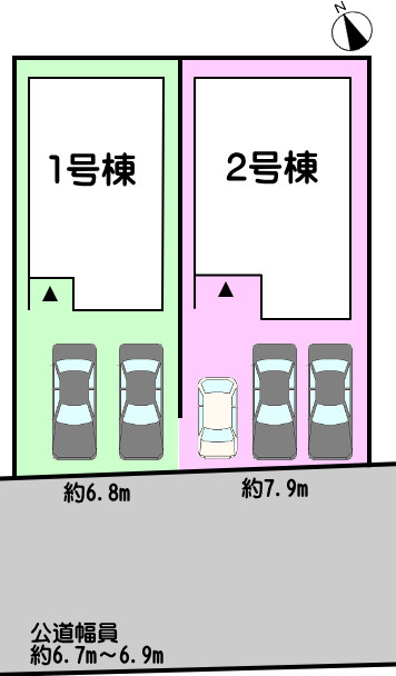 碧南市六軒町の区画図|2号棟　並列駐車3台可能
