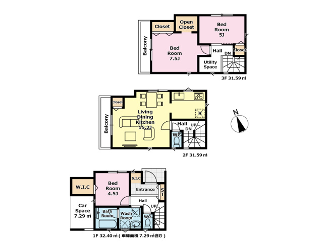 【間取り】 | 新座市北野2丁目　新築一戸建住宅　全2棟　(志木本店) | 2階リビング・主寝室7.5帖・LDK15.2帖、SIC付＆開放感あるダブルバルコニー