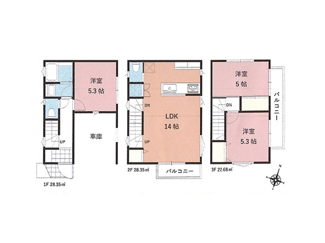 【間取り】 | 三芳町藤久保　新築一戸建住宅　全1棟　(ふじみ野店) | バルコニー2か所につき陽当たり・風通し良好！
道路からの視線も気にならない2階リビングはプライバシー重視のやすらぎ空間です。