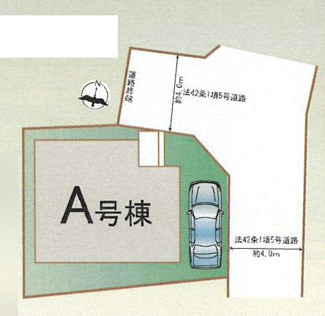 【区画図】 | 海老名市大谷南3丁目  A号棟 | 北側・東側各約4m位置指定道路（公道）　駐車1台（車種によります）