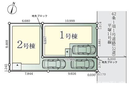 平塚市平塚1丁目  新築戸建　全２棟の区画図|対象地は1号棟です。