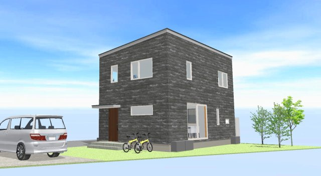 鴻巣市宮前の売地の外観パース|参考プランの外観パースです。南側の三角形の部分を庭として有効利用。