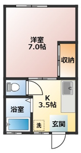 単身者様向け１Kの間取りです。約7.0帖あるのでゆったりとお過ごしいただけます。