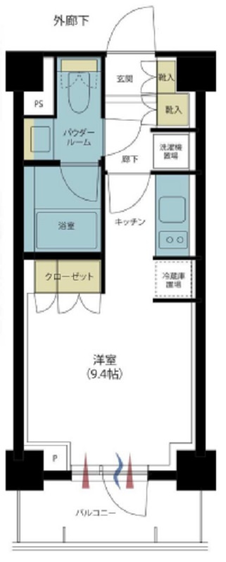 パークリュクス蒲田1丁目の間取り|西向きバルコニーの1R洋室9.4帖バストイレ別独立洗面台！