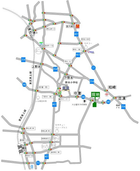 東松山市下野本 土地454坪の地図|東武東上線「高坂」駅　約3300ｍ
東武東上線「東松山」駅　約3300ｍ