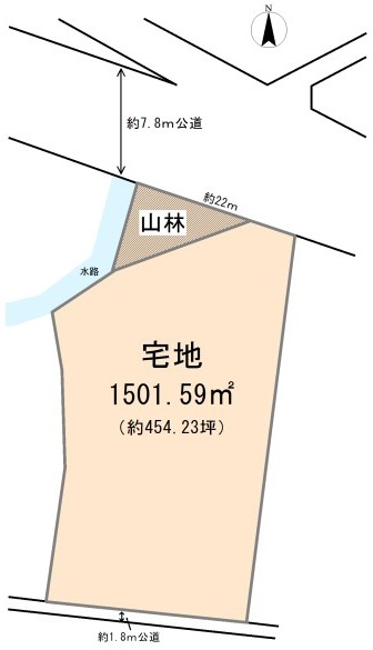 東松山市下野本 土地454坪の土地図|宅地部分：1501.59㎡（約454.23坪）
山林部分：101㎡（約30.55坪）