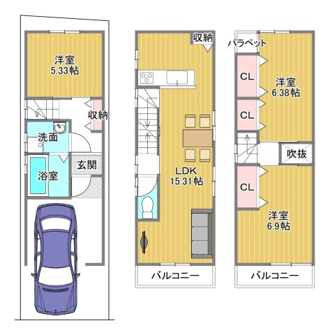 【土地図＋建物プラン例】 | 向日市寺戸町三ノ坪 | 土地1670万円　建物1918万円/延床面積：90.51㎡
建築確認申請費用50万円(税込)別途要　外構費50万円(税込)別途要　※建築条件無価格：2000万円