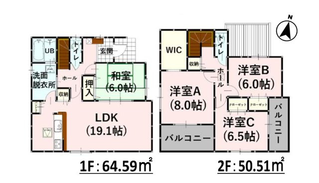 菊池郡菊陽町馬場楠第1-2棟（2号棟）　の間取り|全居室収納付きで便利です。