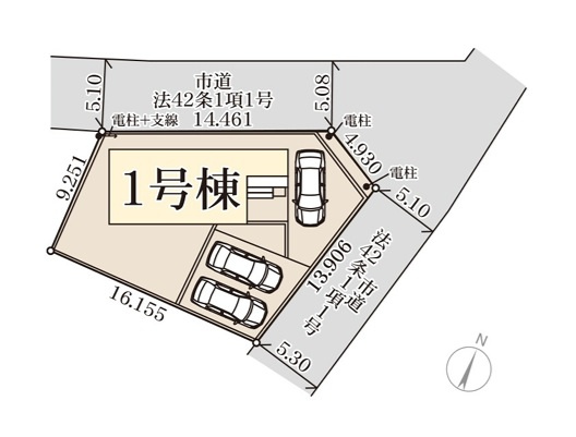 リーブルガーデン  水戸内原町　第11　限定1棟！の区画図|前面道路幅5.3メートル、3台駐車可能です。