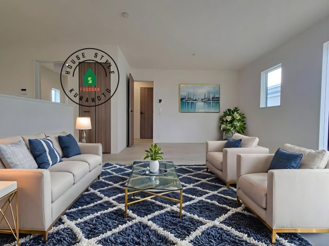 菊池市西寺第1-6棟（3号棟）の居間・リビング|明るく開放的なリビングダイニングは豊かな陽光が注ぎ込み、やすらぎの空間を演出してくれます。ご家族で楽しいひとときをお過ごし下さい。※家具はCGを合成したものです。