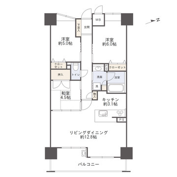 クレストコート観音平和大通りの間取り|専有面積67.59㎡の３LDK。リビングと空間を一体的に使える和室がある汎用性の高い間取りです。