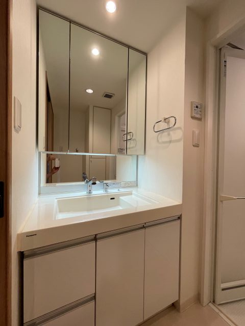 クレストコート観音平和大通りの独立洗面台|シャワー付き洗面化粧台は、収納力がある三面鏡のキャビネットタイプ。洗面ボウルも水切りがあり機能的です
