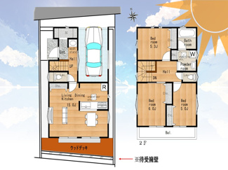 【間取り】 | ☆新築／ビルトイン車庫！3LDK+SIC！綾瀬市寺尾南-52-18- | 玄関にセカンド洗面台設置、シューズクロークで玄関収納パワーアップ
お庭部分は全面ウッドデッキ（南側に防護壁設置）