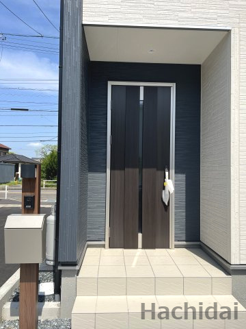 碧南市日進町（新築一戸建）の玄関|落ち着いたネイビーブルーの壁に、重厚感のあるダークブラウンの扉。
機能的な玄関アプローチです。