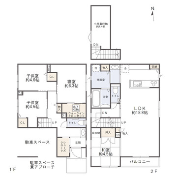 宇品西2丁目　一戸建ての間取り|陽当たりのよい2階にリビングと水回り設備が配置され、豊富な収納で快適性を高めた間取りです。