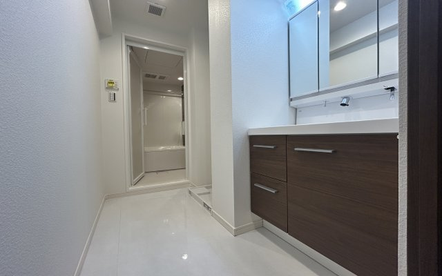 ダイアパレス清水ヶ丘スウィートガーデンの独立洗面台|一日の始まりの朝、歯磨きをしたりメイクや髪をセットしたり・・・使いやすさが考えられた3面鏡です♪洗面所にはタオルかけも完備♪