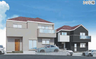 【外観パース】 | 【仲介手数料無料！！】稲城市坂浜4丁目　新築戸建て（全3棟）3号棟　4999万円 | 本パースは、イメージ図につき、風景、建物、植栽などについては施工後の現物との差異が生じます