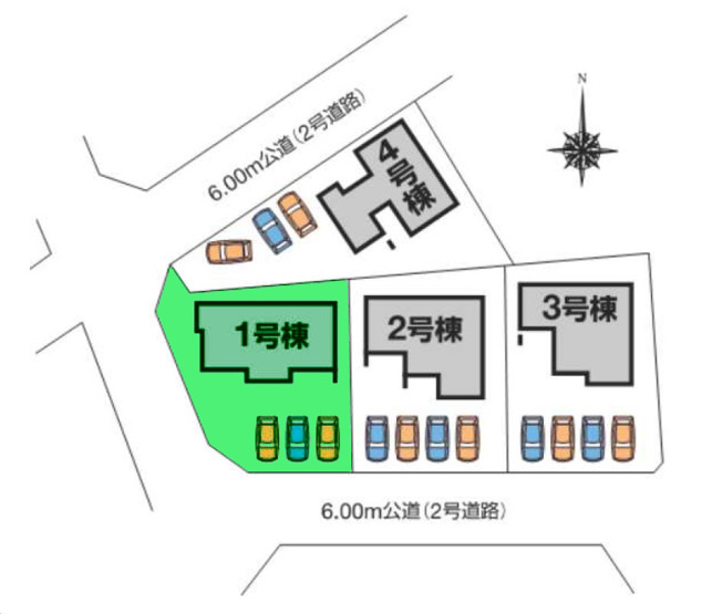 【区画図】 | フォーセール前橋市富士見町第4時沢ー① | 開放的な南西角地に面した1棟！敷地面積60坪！カースペースは並列3台駐車可能！