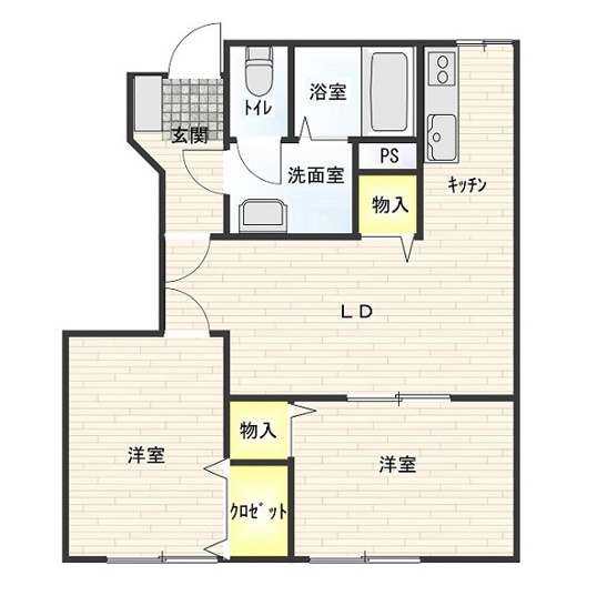 【間取り】 | メゾンエスポワール | 居室２部屋とも南向き。全部屋６帖以上。