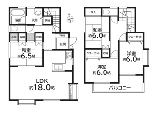 【間取り】 | 甲府市宮原町 Ｈ13年築中古戸建 リニア山梨県駅徒歩15分 | 110.96ｍ2　4ＬＤＫ　全居室6帖以上　広々ＬＤＫ18帖