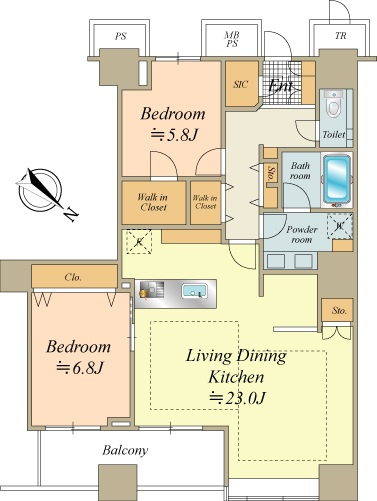 2LDK　専有面積86.86㎡　約23帖の開放的なLDK。47階部分　運河を望む眺望。室内は2025年4月にリノベーション済みです。