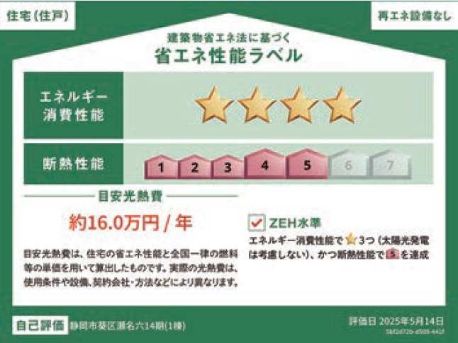 静岡市葵区瀬名六丁目１４期　新築戸建　全１棟の省エネ性能ラベル