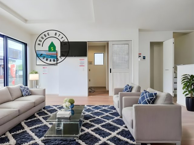 菊池郡菊陽町武蔵ケ丘2丁目第4-2棟（2号棟）　の居間・リビング|明るく開放的なリビングダイニングは豊かな陽光が注ぎ込み、やすらぎの空間を演出してくれます。ご家族で楽しいひとときをお過ごし下さい。※家具はCGを合成したものです。