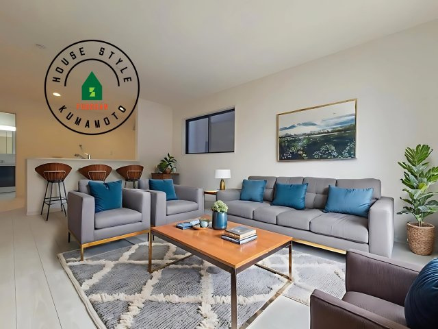 熊本市西区横手5丁目第2-3棟(3号棟)の内観：施工例|明るく開放的なリビングダイニングは豊かな陽光が注ぎ込み、やすらぎの空間を演出してくれます。ご家族で楽しいひとときをお過ごし下さい。※家具はCGを合成したものです。