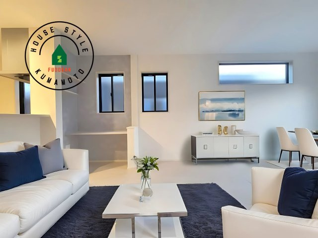 合志市合生第2-2棟（1号棟）　の居間・リビング|キッチンからリビングをしっかり確認できます。家族の笑顔があふれる空間になりそうですね。※家具はCGを合成したものです。