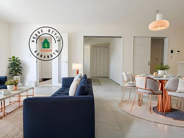 熊本市北区龍田7丁目第4-5棟（4号棟）の居間・リビング|キッチンからリビングをしっかり確認できます。家族の笑顔があふれる空間になりそうですね。※家具はCGを合成したものです。