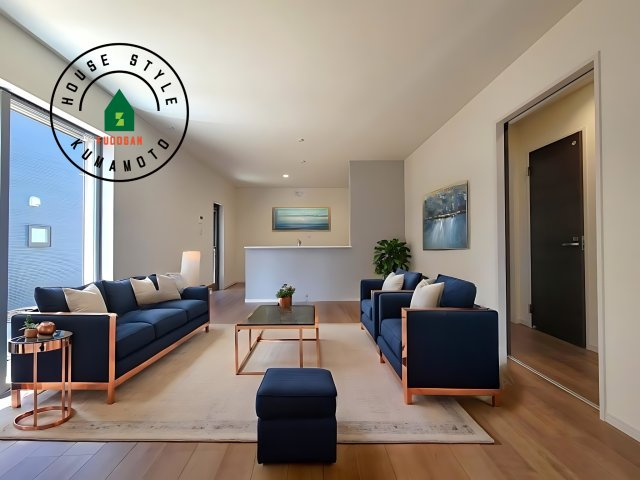 菊池市西寺第1-8棟（7号棟）の居間・リビング|キッチンからリビングをしっかり確認できます。家族の笑顔があふれる空間になりそうですね。※家具はCGを合成したものです。