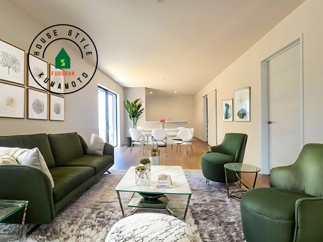 菊池市西寺第1-8棟（6号棟）の居間・リビング|明るく開放的なリビングダイニングは豊かな陽光が注ぎ込み、やすらぎの空間を演出してくれます。ご家族で楽しいひとときをお過ごし下さい。※家具はCGを合成したものです。