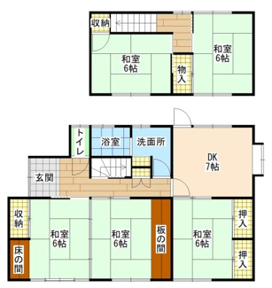 【間取り】 | 山口市平井中古2階建／5DK | 全室収納スペースを確保し、暮らしやすさに配慮。陽当たりも考えた間取りとなっております。