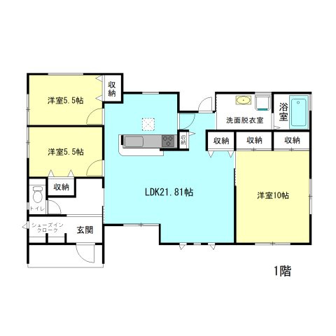 【間取り】 | フォーセール吉岡町第1漆原ー① | 玄関には嬉しいシューズインクローク完備！
リビングゆったり21.8帖の3LDK間取り！
