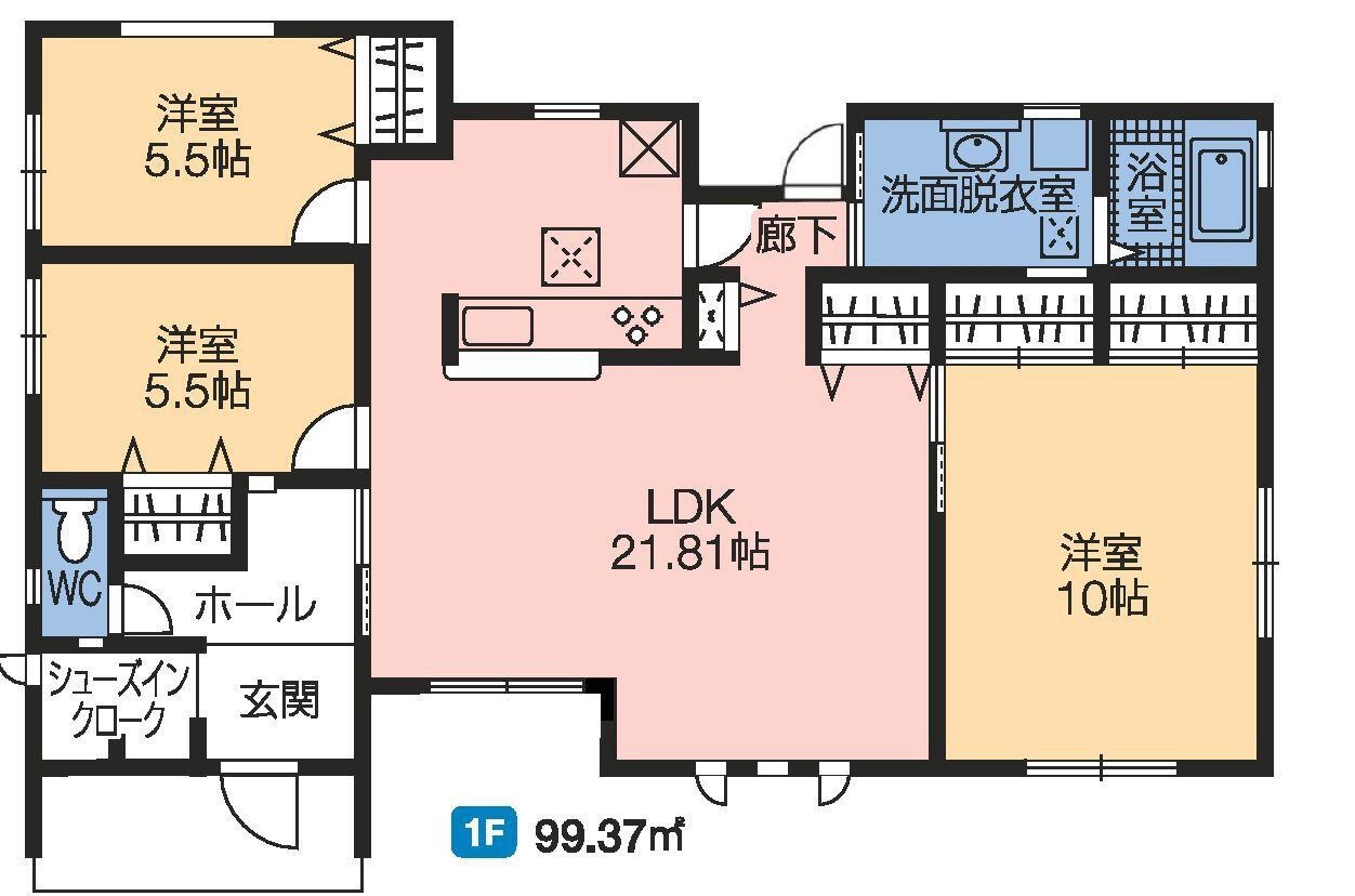 第１吉岡町漆原　１号棟(平屋）の間取り|人気の平屋！収納充実♪3LDKで陽当たり良好な間取りです！
土地面積397.53㎡、建物面積99.37㎡で十分な広さです！