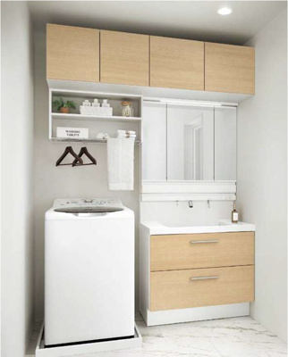 【独立洗面台】 | 仮称）山田１丁目新築マンション | 天袋、ランドリー棚付　2段スライド収納　