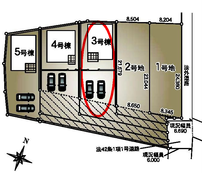 クレイドルガーデン前橋市下細井町第10-1　3号棟の区画図|駐車場2台以上ご用意しています！
並列駐車なので、車の出し入れもしやすいですよ！