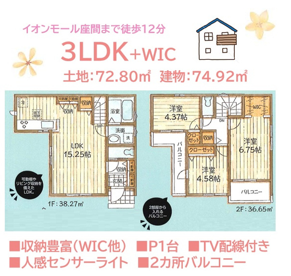 【間取り】 | 全居室２面採光で、どのお部屋でも明るい室内で過ごせますよ◎　
２カ所バルコニーがあり、たくさん洗濯物を干すことができ、各部屋から布団を干すのも楽々◎