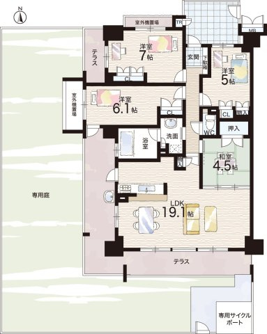 グランスイート香里園の間取り|4LDK　2面テラス＆専用庭付きで開放感いっぱいの居住空間♪