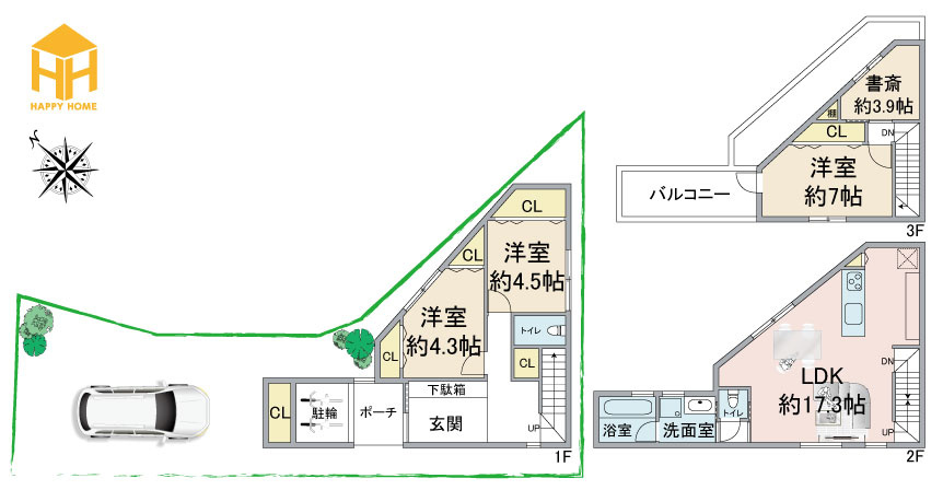 シャルムコート・ジョン富松町4丁目│建築条件付売土地の区画図|建物面積：106.07㎡　建物価格：1,760万円（税込）