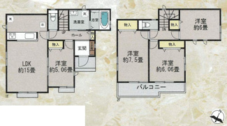 【間取り】 | 茅ヶ崎市中島  E号棟 | 都市ガス　LDK15帖+隣接洋室5帖　メイン洋室7.5帖　掃出し窓シャッター付