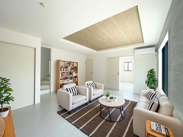 新築戸建・建売　伊達郡桑折町3期　Erde　全2棟の居間・リビング|写真はホームステージングにて作成しており、実際に家具は付いてきません。