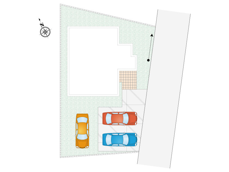【4号棟：区画図・駐車場配置図】合計3台駐車可能です！周辺道路は交通量が少ない為、お子様のいらっしゃるご家庭でも安心です。
